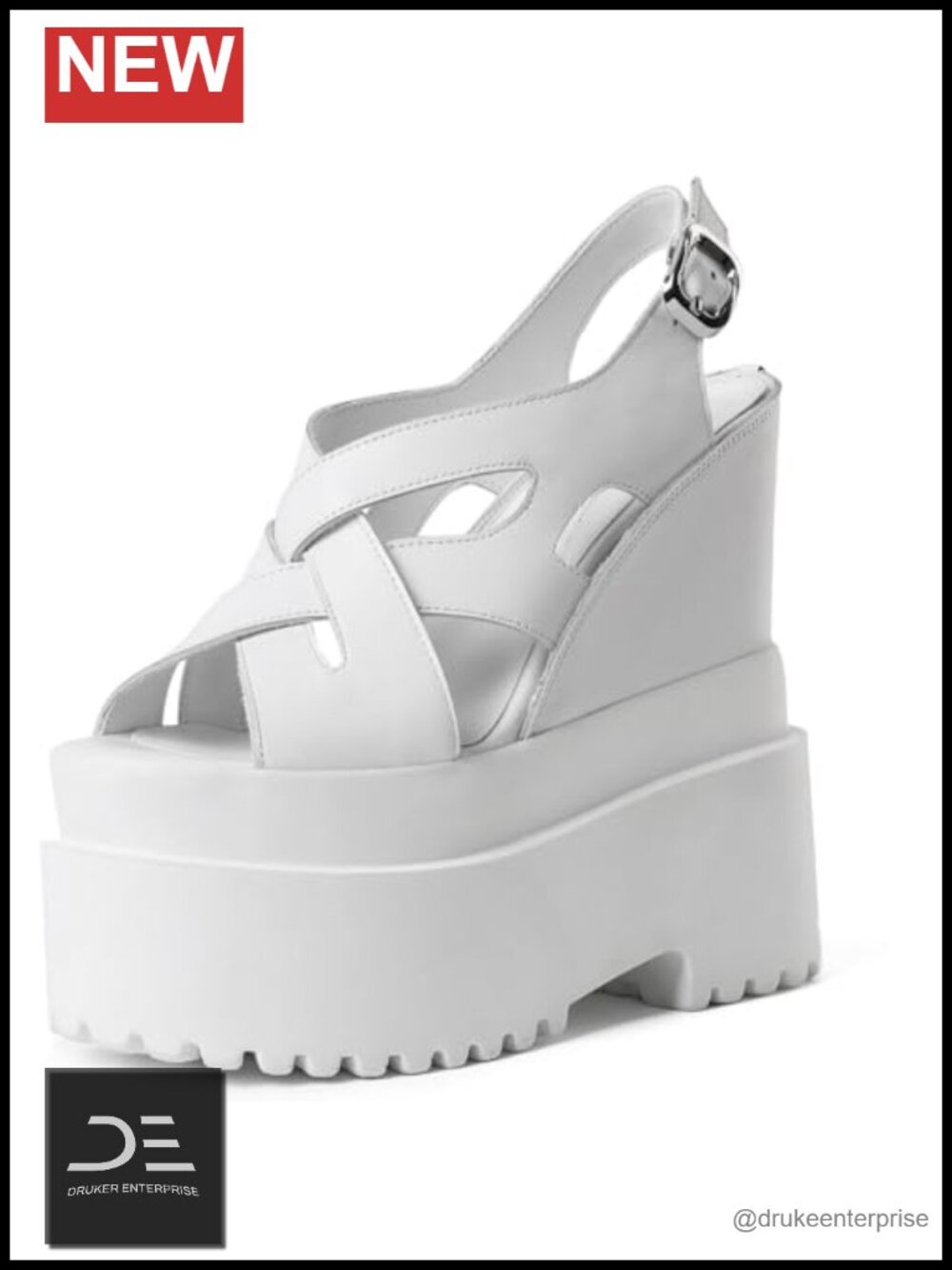 Women Genuine Leather Red High Platform Wedge Heels Peep Toe Cross-tied Buckle